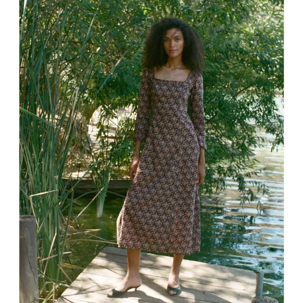 Doen Marisa Noir Forest Floral Square Neck 3/4 Sleeve Ruffle Midi Dress Size XS